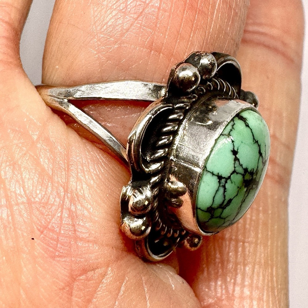 Navajo Turquoise Flower Ring Sz 7 Signed Priscilla Smith Native Amer Sterling - Picture 5 of 9